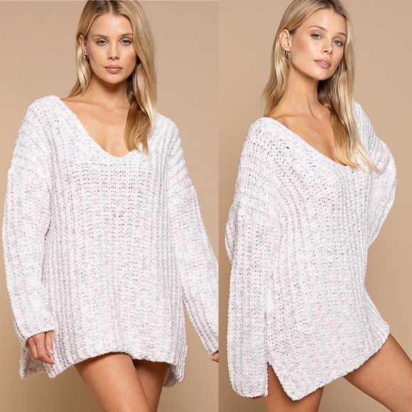 Ribbed Oversized Neutral White Pullover Side Split Knit Sweater - Picture 1 of 2